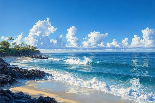Sunny coastal scene with blue ocean waves crashing onto sandy beach bordered by dark rocky cliffs and distant palm trees under bright blue sky with fluffy white clouds - Powered by Adobe