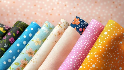 Colorful rolls of fabric with various floral and polka dot patterns arranged in a neat row against a soft pink and white dotted background