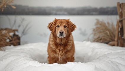 Dog portrait in winter setting, brown dog on snow, playful atmosphere
