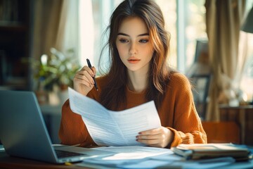 Young woman in an orange sweater concentrating on reading and analyzing documents at a desk with an open laptop in a cozy room filled with natural light
