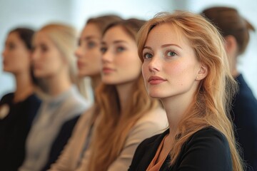 serene young woman with freckles looking thoughtfully ahead surrounded by blurred women in a softly lit indoor setting