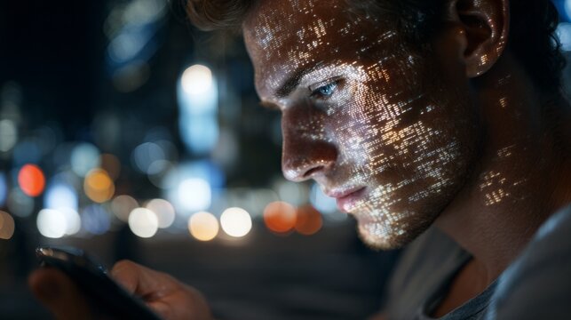 City vibrancy: tech-savvy professional at the heart of urban life. Risk assessment. Stylish manager in a light blue shirt navigates the urban buzz online. Investment strategy. Stock market.