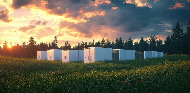 Modern white rectangular modular buildings in an open grassy field at sunset with dense evergreen forest in the background under dramatic cloudy sky
