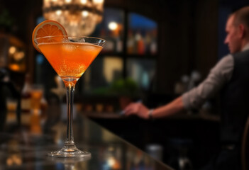 Orange Cocktail on Bar Counter with Bartender in Background