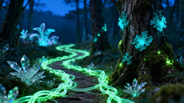 Leaves shimmer with code in a cyber forest's enchanted trail