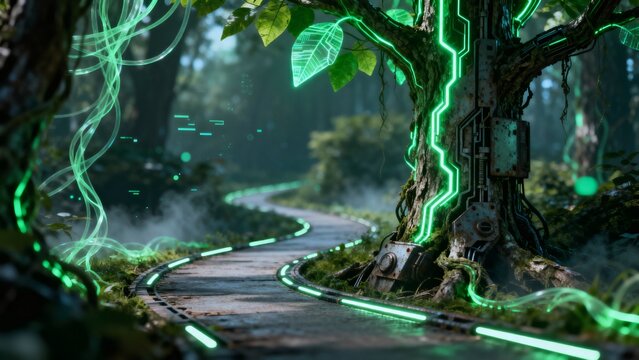 Dash through digital vines in a high-tech woodland sprint - Powered by Adobe