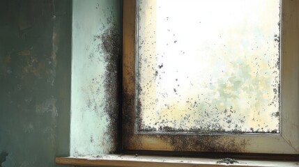Close-up of an old window frame with mold and mildew stains on the wooden frame and green wall, showing decay and neglect with natural light coming through the glass