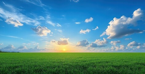Vast green field under a bright blue sky with scattered white clouds during a calm sunset