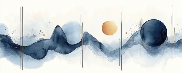 abstract painting with flowing dark blue wavy shapes, two circular forms in gold and dark blue, thin vertical black lines, and scattered gold splatters on a white background