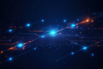 Abstract digital network with glowing blue and orange connection nodes on a dark background conveying data flow and technology communication
