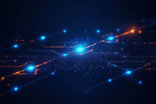 Abstract digital network with glowing blue and orange connection nodes on a dark background conveying data flow and technology communication