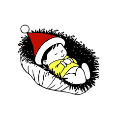 Baby in nativity scene wearing santa hat sleeping peacefully