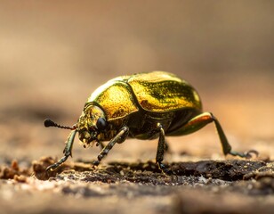 Naklejka premium Close-up macro photograph of a shiny, golden-green beetle crawling on a textured surface