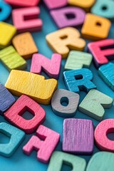 Fototapeta premium Close-up view of colorful wooden alphabet letters scattered on a blue surface showing various letters in bright colors