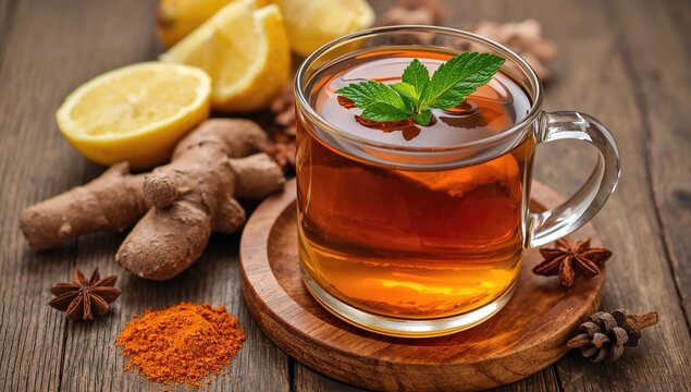 Immune-boosting antivirus beverage, turmeric, ginger, lemon, mint, and spices hot winter tea, natural medicine approach - Powered by Adobe