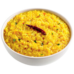 Authentic indian dal khichdi topped with dried red chili in a bowl.