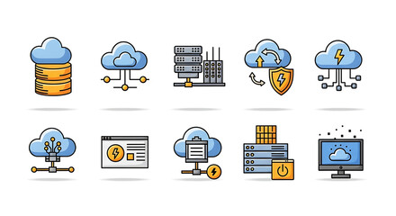 Illustration of cloud computing icons depicting data storage and network infrastructure services ai generated