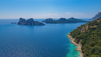 Fototapeta premium Aerial view of shimmering water resembling a sapphire, with a wide blue sky over the stunning coastline and beautiful beaches, seasonal change