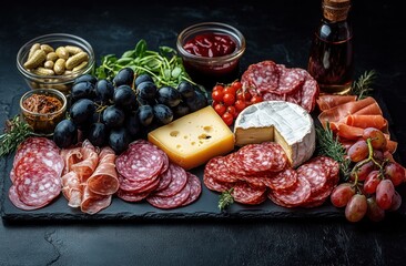 Assorted charcuterie board with various cured meats, slices of cheese, fresh red and black grapes, cherry tomatoes, nuts, red sauce dip, herbs, and a bottle of dark liquid on a dark textured surface
