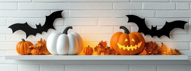 Halloween themed white shelf decoration with carved smiling pumpkin, white pumpkins, small orange pumpkins, autumn leaves, and black paper bats on white brick wall