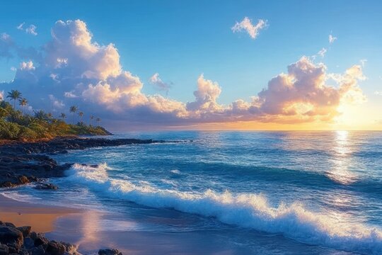 Calm tropical beach scene with rocky shoreline and palm trees under a vibrant sunrise with colorful clouds and gentle ocean waves
