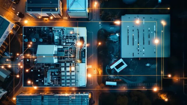 Aerial view of a modern industrial complex at night with glowing network connections, representing data infrastructure and digital technology. - Powered by Adobe