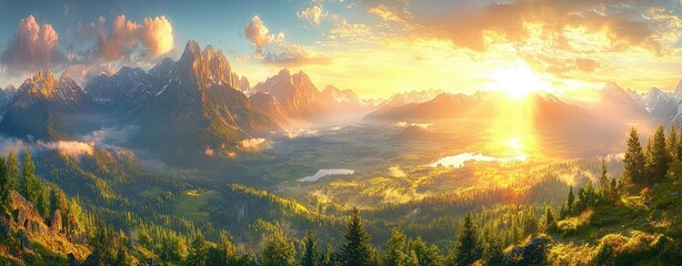 Sunrise illuminating a vast mountain range with sharp peaks, dense forest, scattered lakes, and misty valleys creating a serene and majestic natural landscape