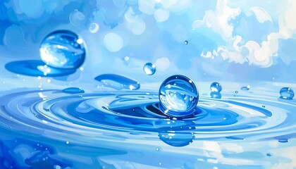 Digital painting depicting multiple water droplets in various sizes, some suspended in air, creating ripples in a reflective pool