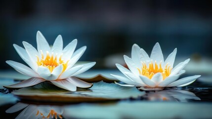 Two white water lilies with yellow centers blooming on calm water surrounded by green lily pads with soft natural lighting