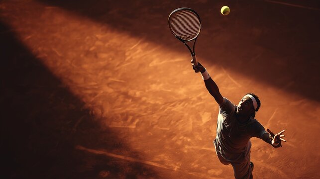 Tennis player serving on clay court, racket raised, ready to hit ball - Powered by Adobe