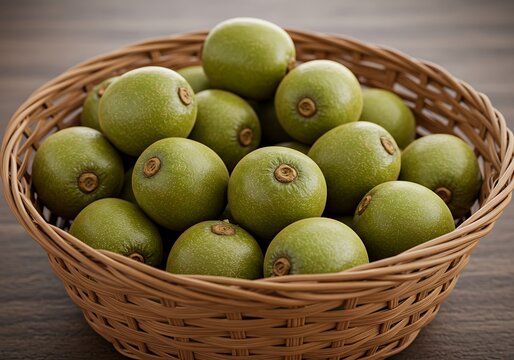 A rustic wicker basket filled with fresh green jocote fruits on a wooden table.