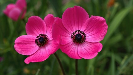 Close-up of blooming Balkan anemone with vibrant pink flowers, highlighting seasonal beauty