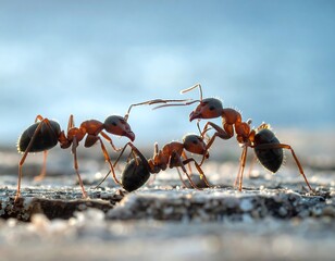 Close-up macro photograph of several ants interacting on a weathered wooden surface