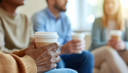 Support group people holding coffee cups during meeting