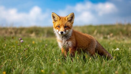 Naklejka premium Red fox gazing directly at the viewer on a summer grassland, wildlife observation