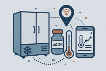 Innovative cold chain management system displaying vaccine storage with smart thermometer and monitoring app on smartphone integrating technology and logistics efficiency