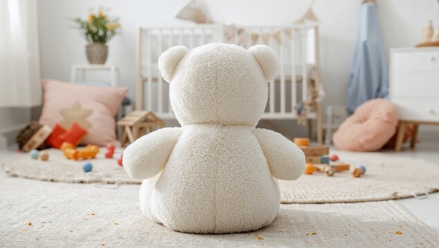White teddy bear viewed from the back in a vibrant and playful nursery filled with colorful wooden toys and soft textiles, childhood learning theme