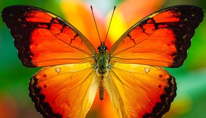 Close-up of a butterfly with vibrant orange, yellow, and black wings, set against blurred background