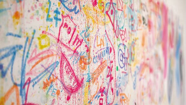 A vibrant display of playful doodles and sketches on a wall, showcasing childhood creativity, artistic expression