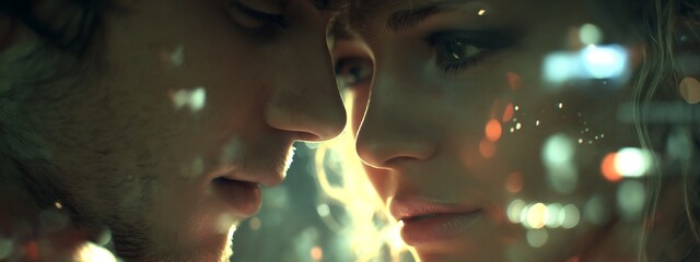 Urban rooftop portrait at night with a man and holographic woman, natural vs futuristic, cool tones, realistic details