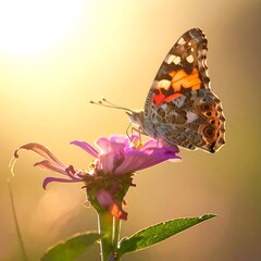 Close-up of a butterfly with vibrant wings perched on a pink flower, bathed in warm sunlight