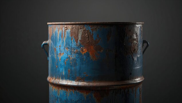 A blue, rusty trash can crafted from an oil drum, emphasizing sustainability in waste management