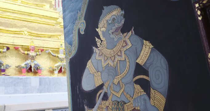 Giant ramayan statue vintage  paint in Wat Phra Kaew sightseeing travel in Bangkok Thailand