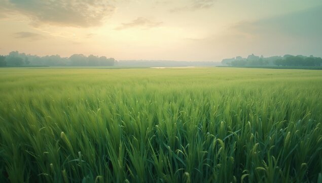 Blurred, artistic background featuring a rice field, ideal for editorial header background