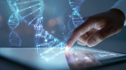 The modern intersection of medicine, technology, and innovation. Advertising photo. Subtle enhancements: digital healthcare with dna illuminations. Creative poster. Clear focus.