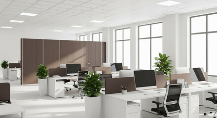 Modern office interior with white desks and computers, a bright and spacious workspace with large windows