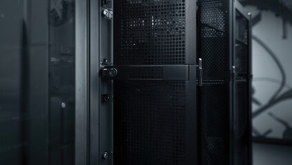 Perforated cabinet door for server rack, enhancing airflow and accessibility