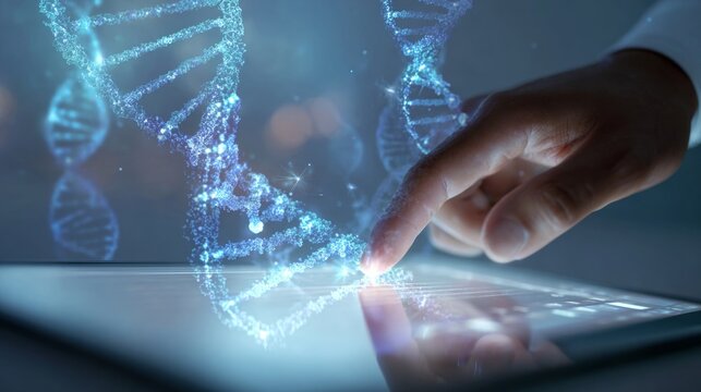 The modern intersection of medicine, technology, and innovation. Advertising photo. Subtle enhancements: digital healthcare with dna illuminations. Creative poster. Clear focus. - Powered by Adobe