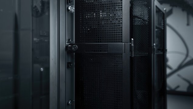 Perforated cabinet door for server rack, enhancing airflow and accessibility - Powered by Adobe