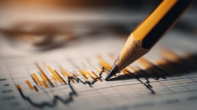 Close-up of a pencil highlighting financial graphs and data on a business report, illustrating market trends and analysis in a professional setting